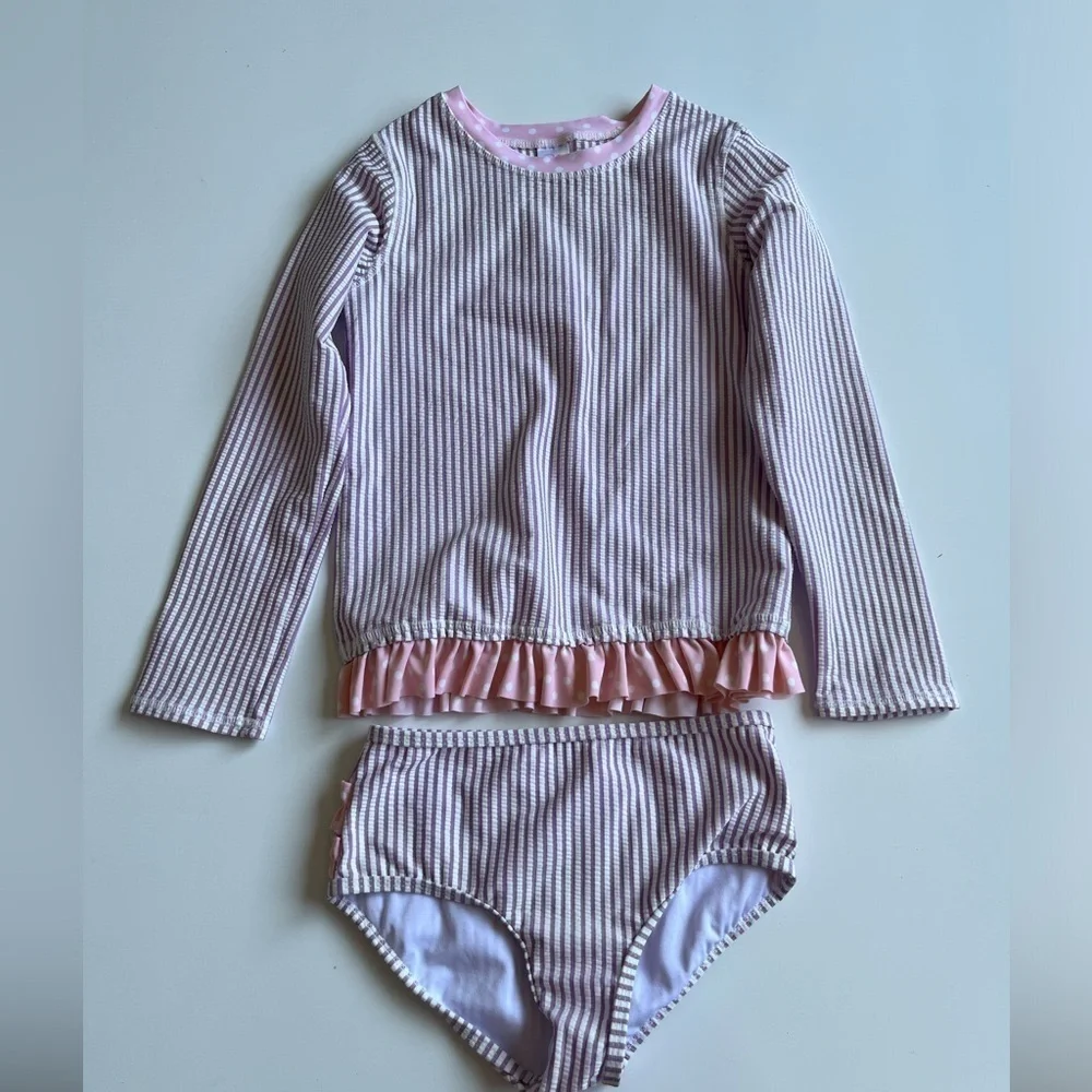 Ruffle Butts Pink and White Rashguard Swim Set